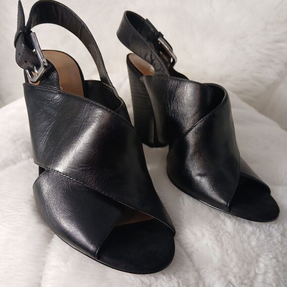 NINE WEST BLACK LEATHER OPEN TOE HEELS W/ CROSS OVER BUCKLE STRAP SIZE 8 1/2 - Picture 2 of 16
